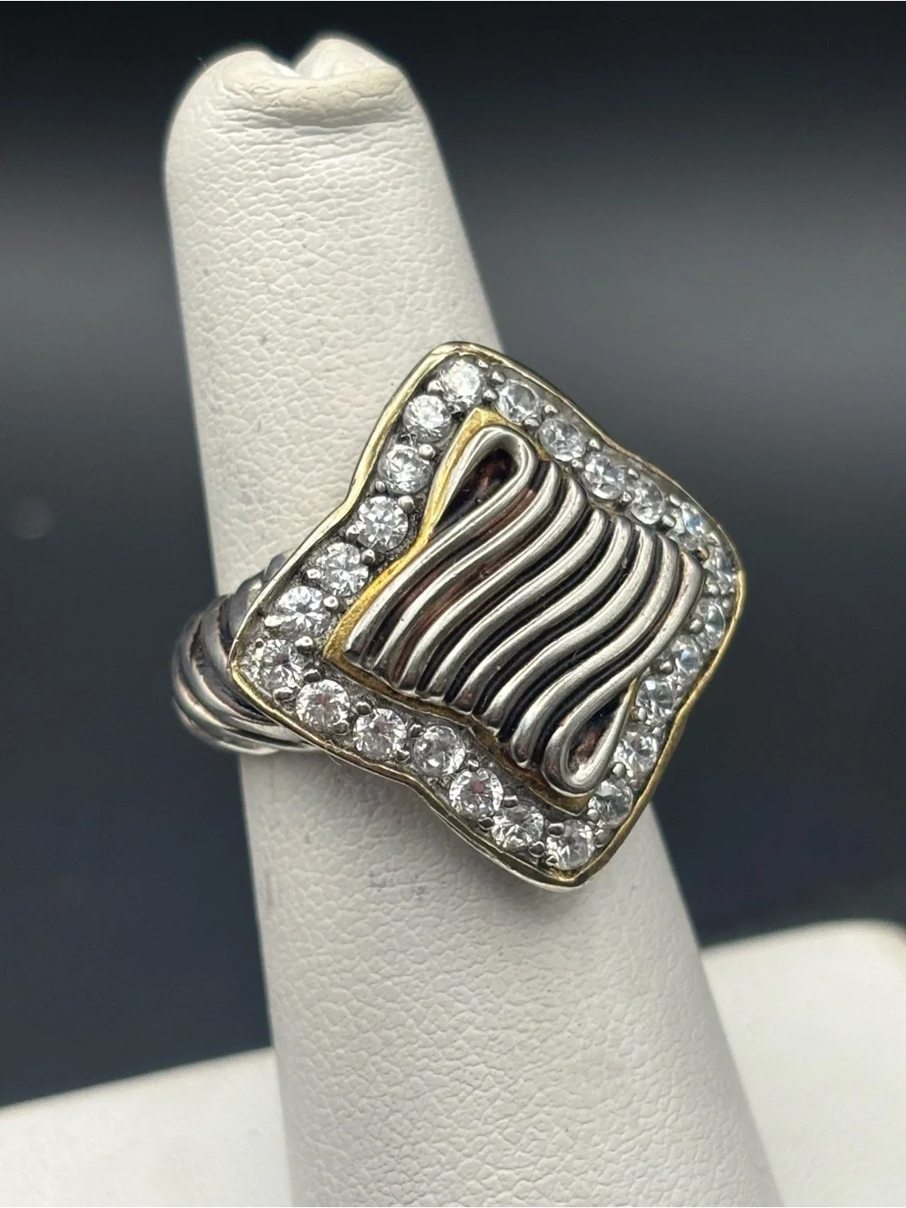 Two-Tone Sterling Square Wave Ring with Clear Crystal Halo -